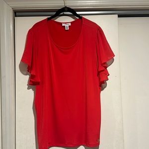 Red Calvin Klein top with ruffle sleeves